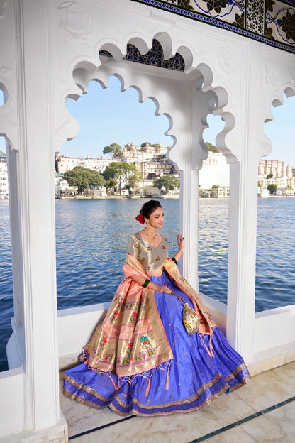 Lotus Blue Jacquard Silk Zari Weaving Paithani Lehenga Choli