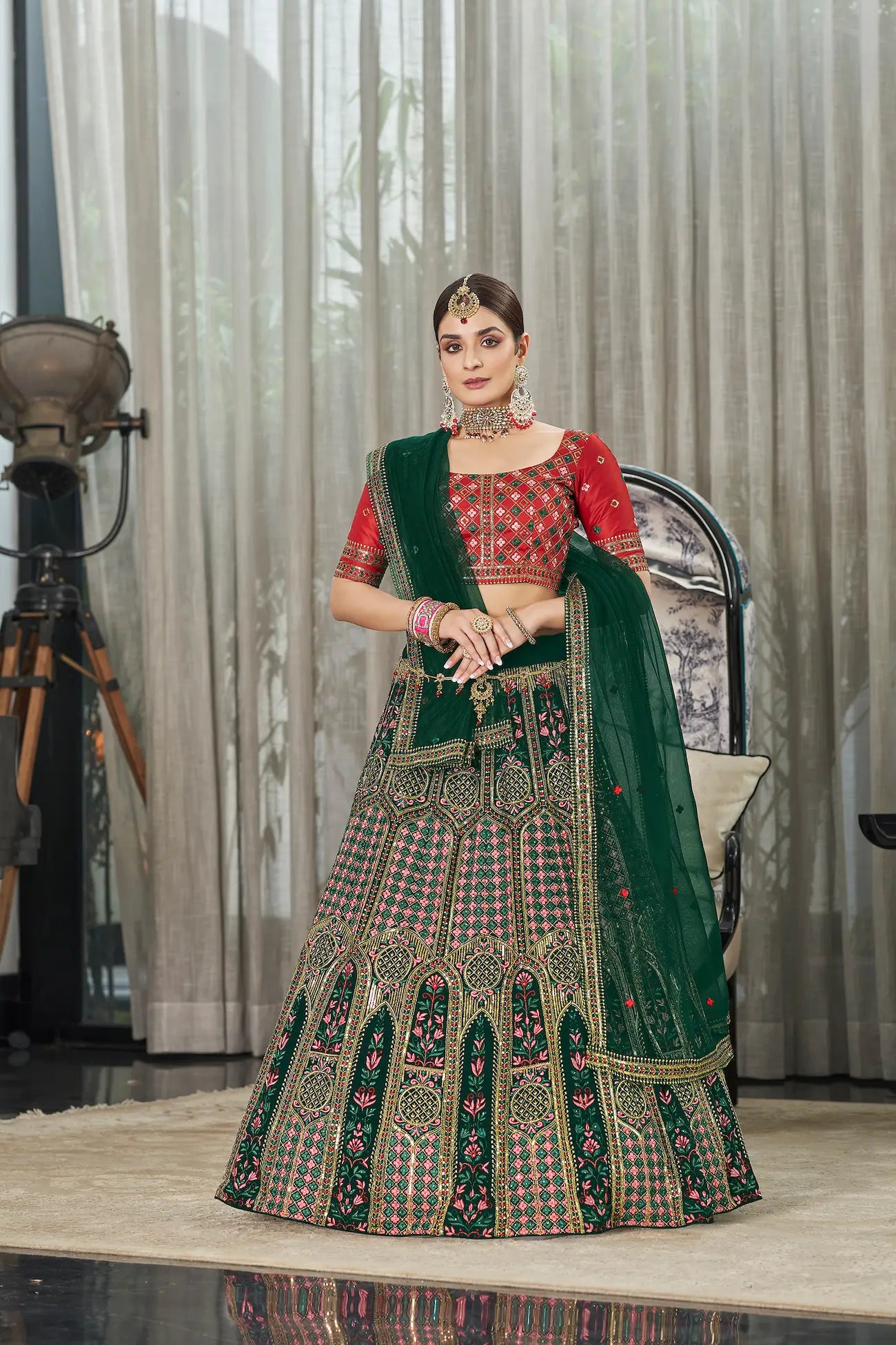 Green Silk Thread with Sequence Embroidery Work Lehenga Choli