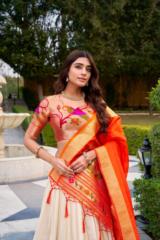 Off White Zari Weaving Paithani Lehenga Choli