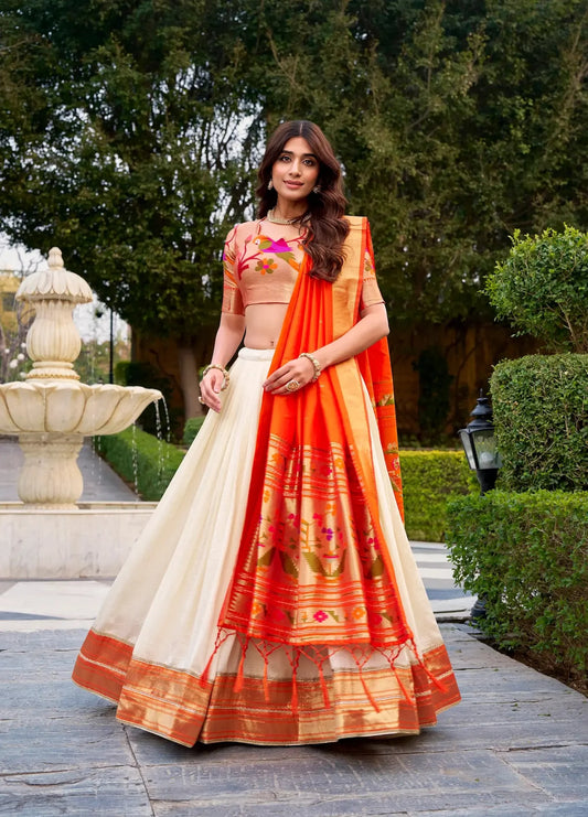 Off White Zari Weaving Paithani Lehenga Choli