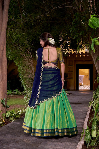 Parrot Green Kanchipuram Zari Weaving Work Lehenga Choli