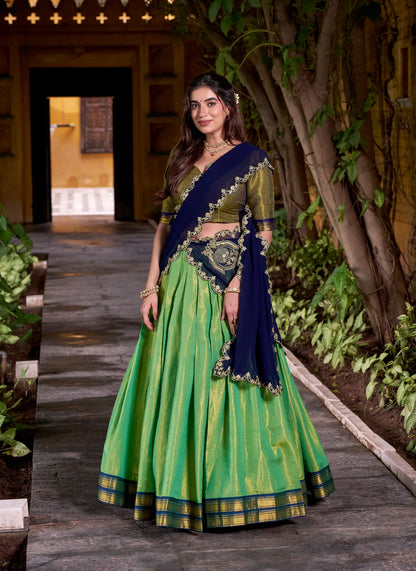 Parrot Green Kanchipuram Zari Weaving Work Lehenga Choli