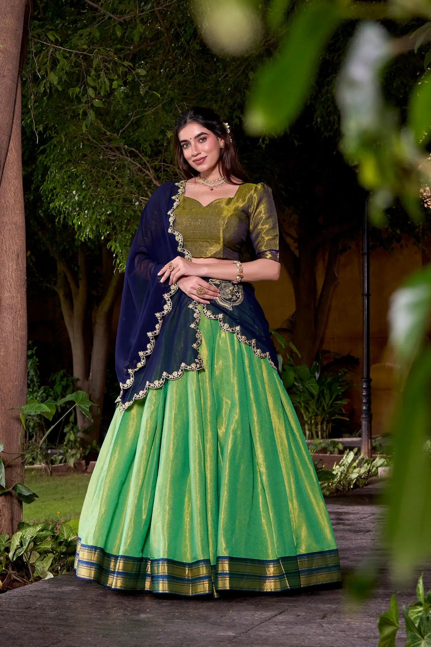 Parrot Green Kanchipuram Zari Weaving Work Lehenga Choli