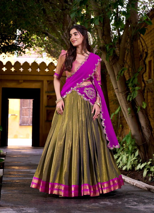 Dark Olive Kanchipuram Zari Weaving Work Lehenga Choli