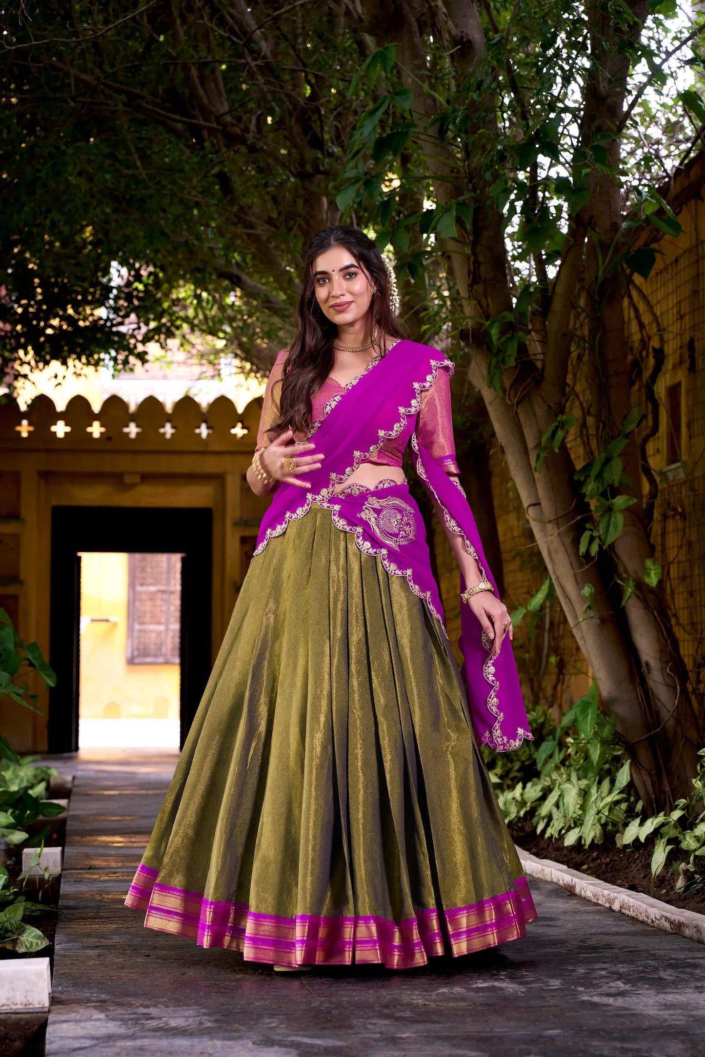 Dark Olive Kanchipuram Zari Weaving Work Lehenga Choli
