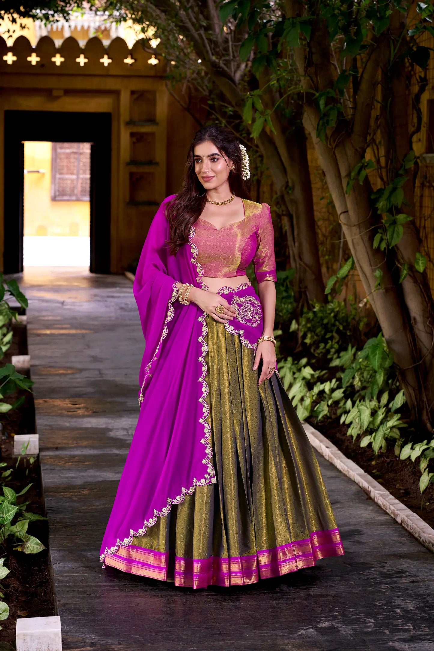 Dark Olive Kanchipuram Zari Weaving Work Lehenga Choli