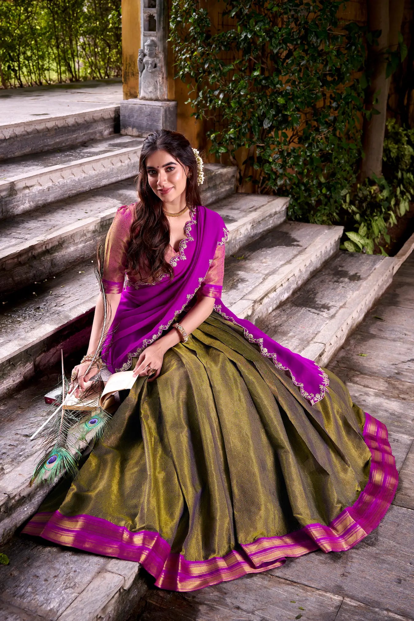 Dark Olive Kanchipuram Zari Weaving Work Lehenga Choli