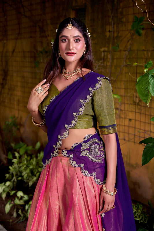 Peach Pink Kanchipuram Zari Weaving Work Lehenga Choli