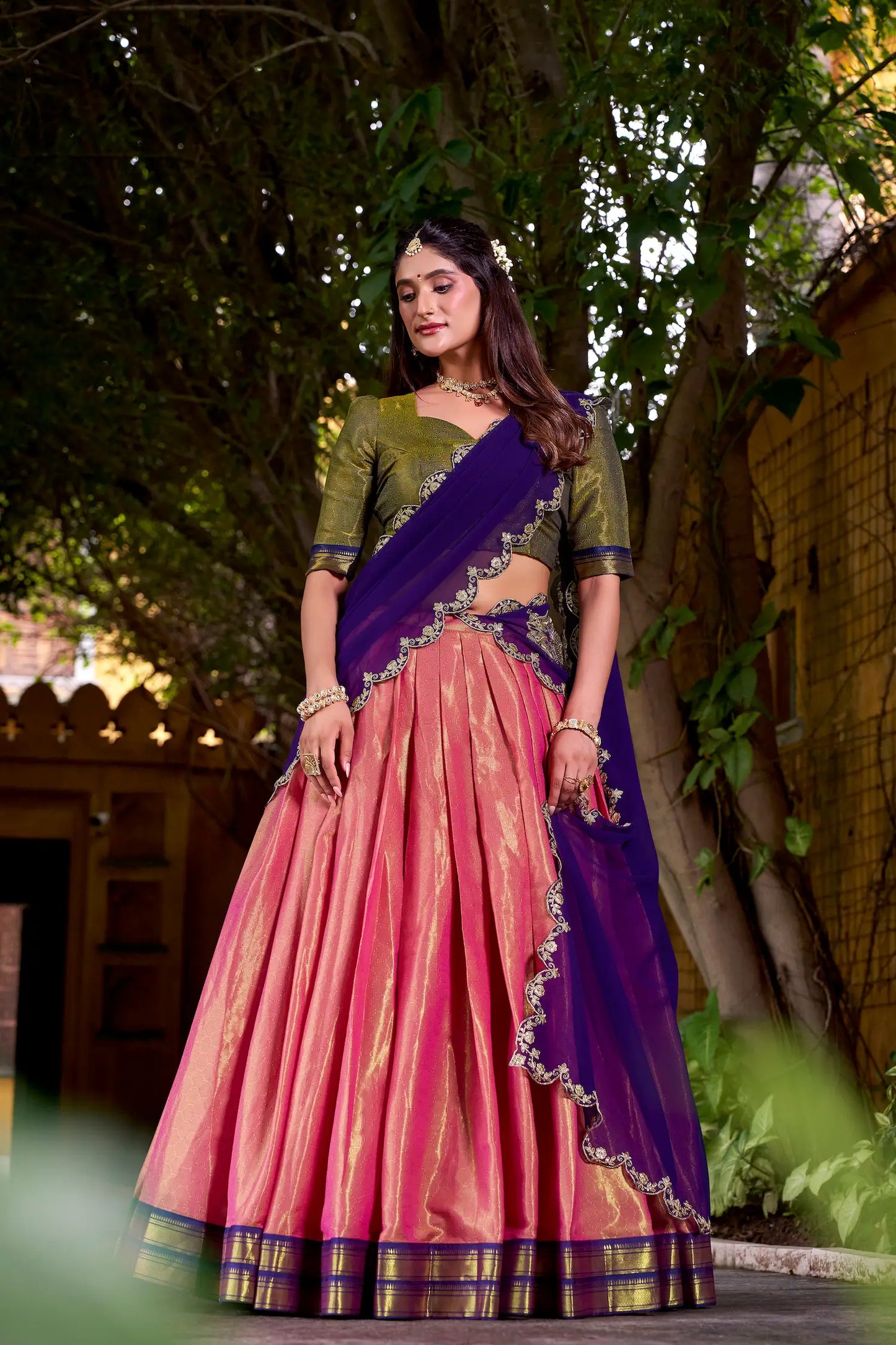 Peach Pink Kanchipuram Zari Weaving Work Lehenga Choli