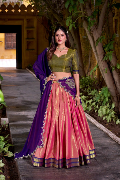 Peach Pink Kanchipuram Zari Weaving Work Lehenga Choli