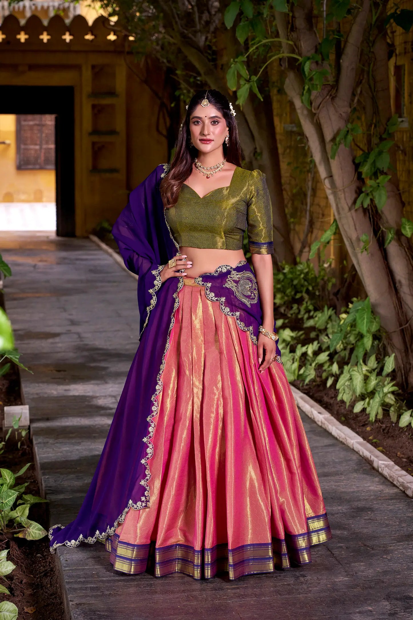 Peach Pink Kanchipuram Zari Weaving Work Lehenga Choli