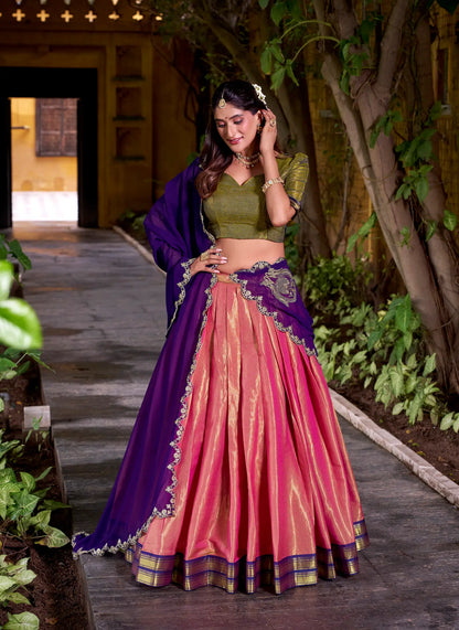 Peach Pink Kanchipuram Zari Weaving Work Lehenga Choli