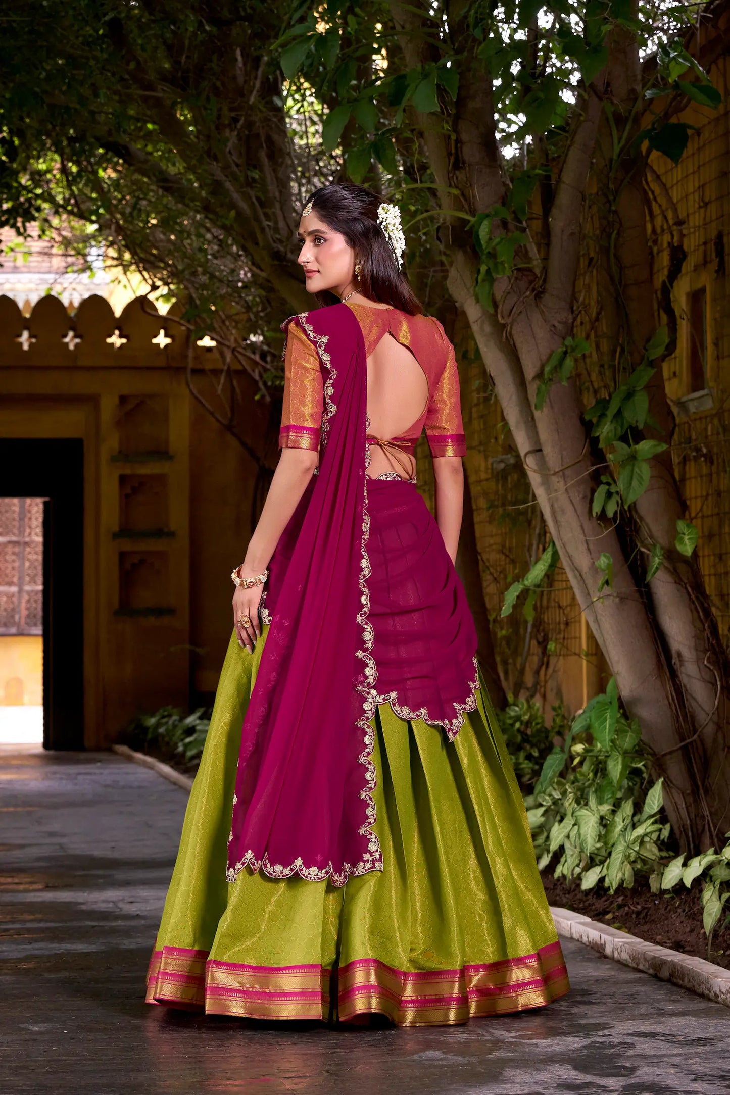 Olive Green Kanchipuram Zari Weaving Work Lehenga Choli