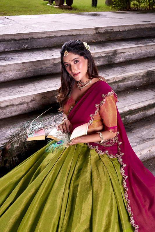 Olive Green Kanchipuram Zari Weaving Work Lehenga Choli