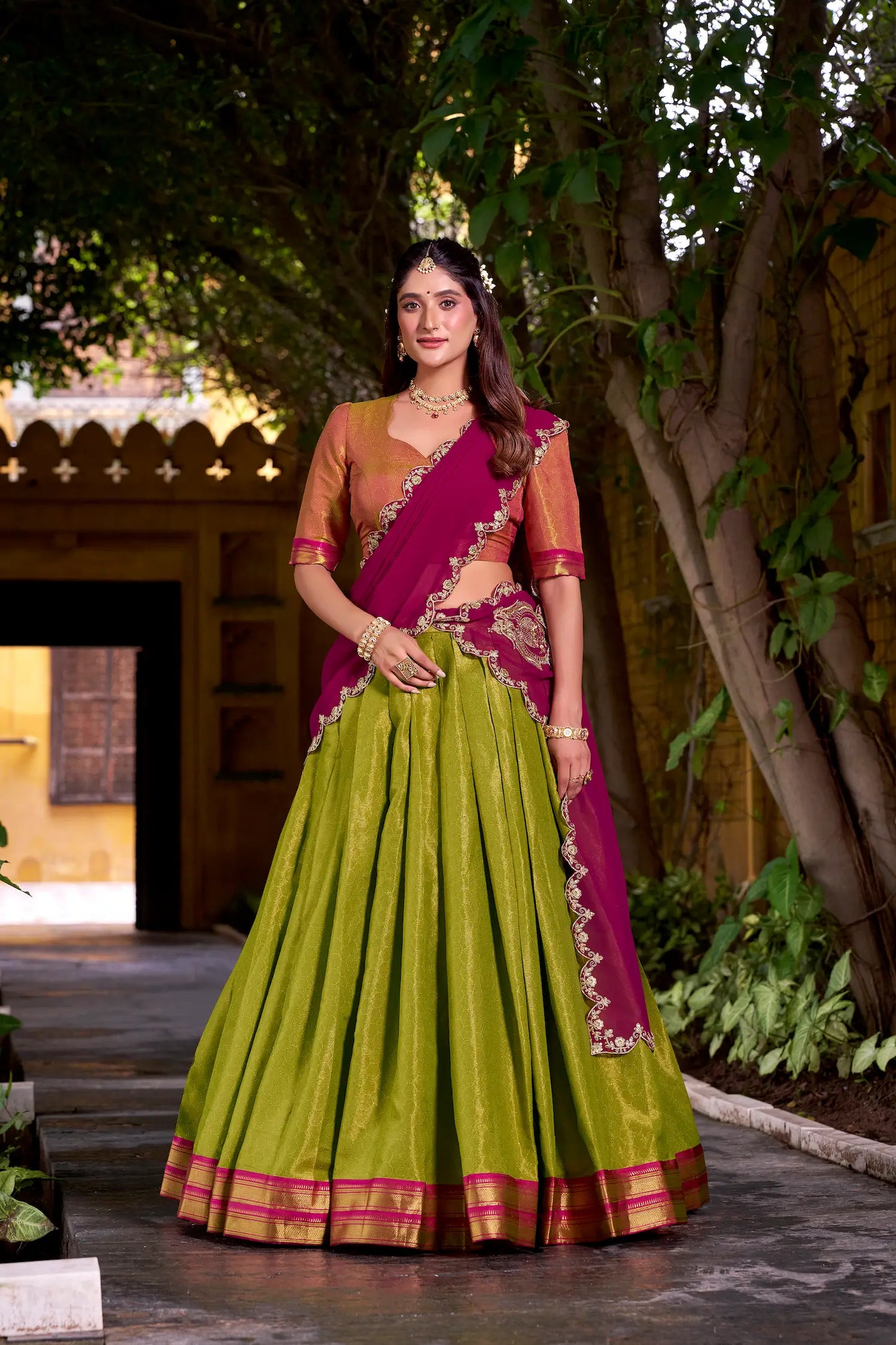 Olive Green Kanchipuram Zari Weaving Work Lehenga Choli