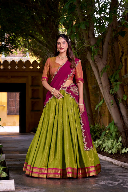 Olive Green Kanchipuram Zari Weaving Work Lehenga Choli