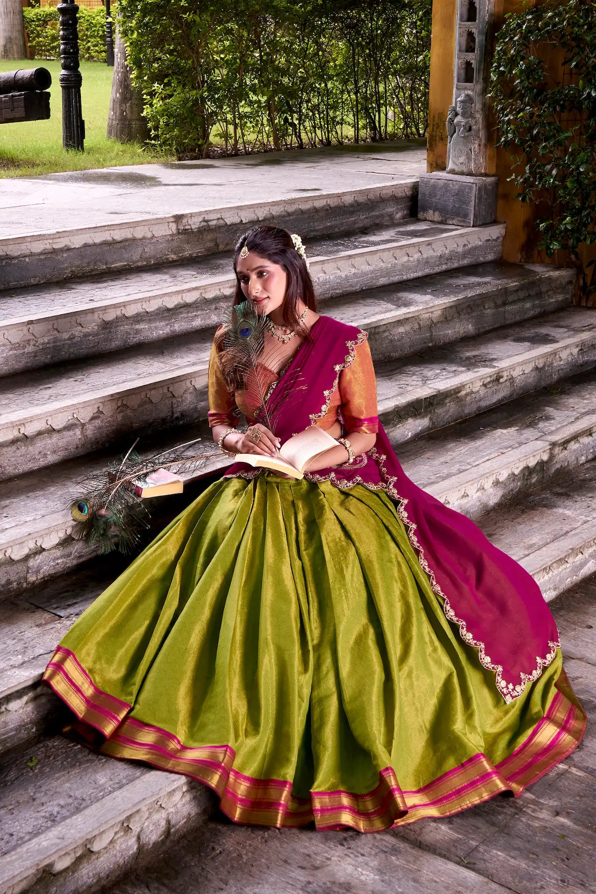 Olive Green Kanchipuram Zari Weaving Work Lehenga Choli