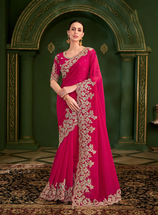 Crimson Red Shiny Georgette Heavy Embroidery Saree