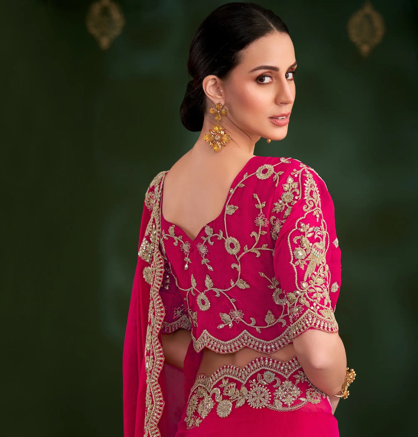 Crimson Red Shiny Georgette Heavy Embroidery Saree