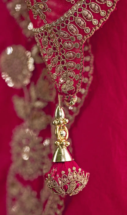 Crimson Red Shiny Georgette Heavy Embroidery Saree