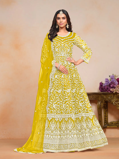 Yellow Net Gown With Sequence & Thread Embroidery Work