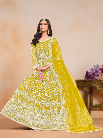 Yellow Net Gown With Sequence & Thread Embroidery Work