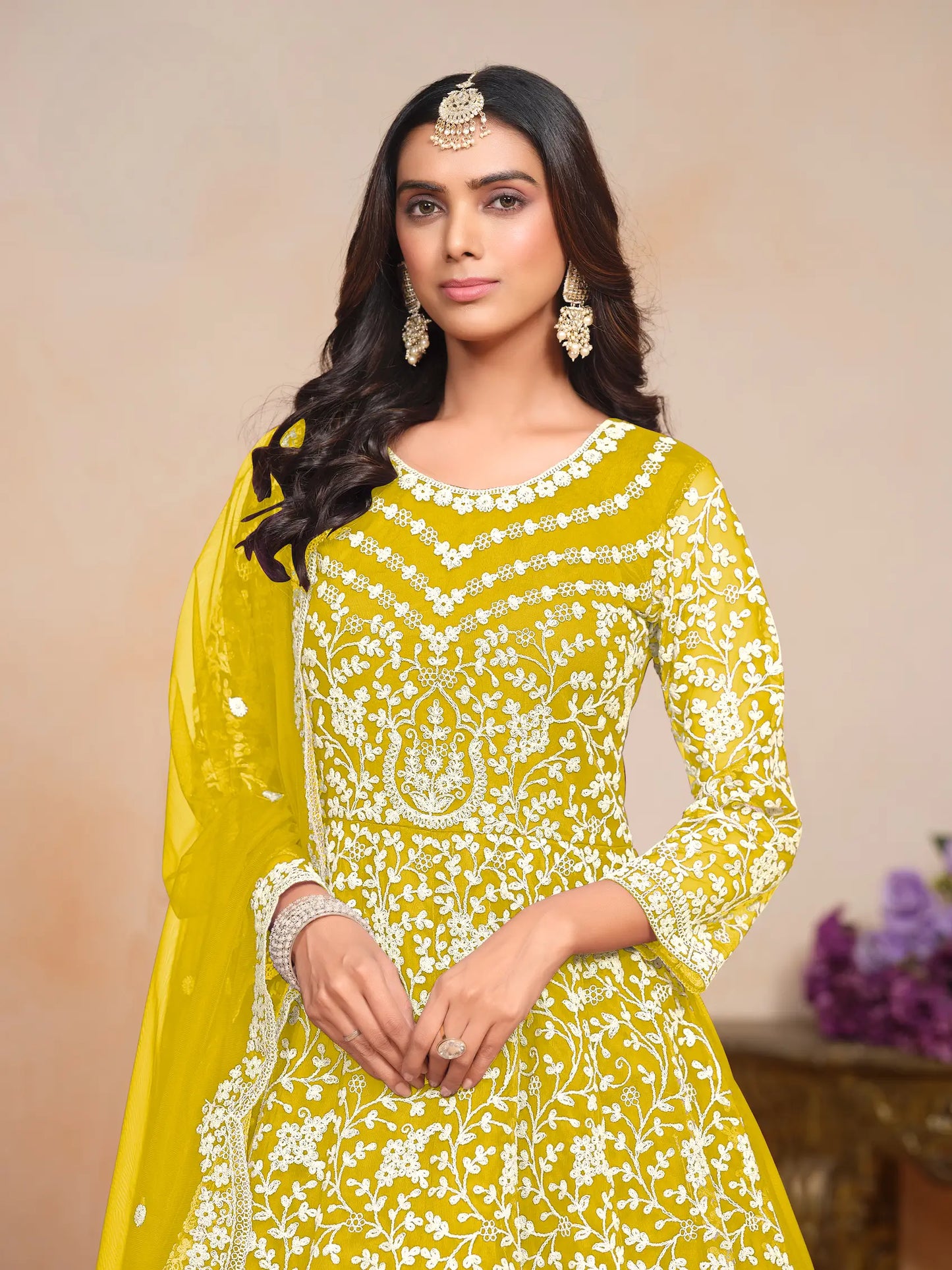 Yellow Net Gown With Sequence & Thread Embroidery Work