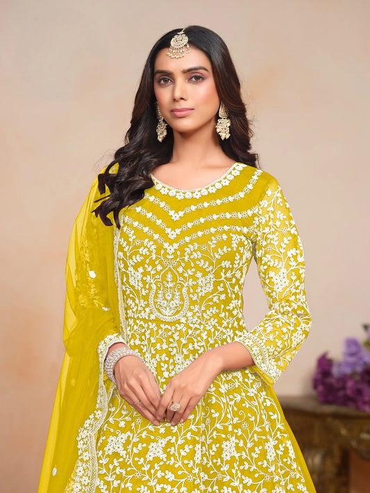 Yellow Net Gown With Sequence & Thread Embroidery Work