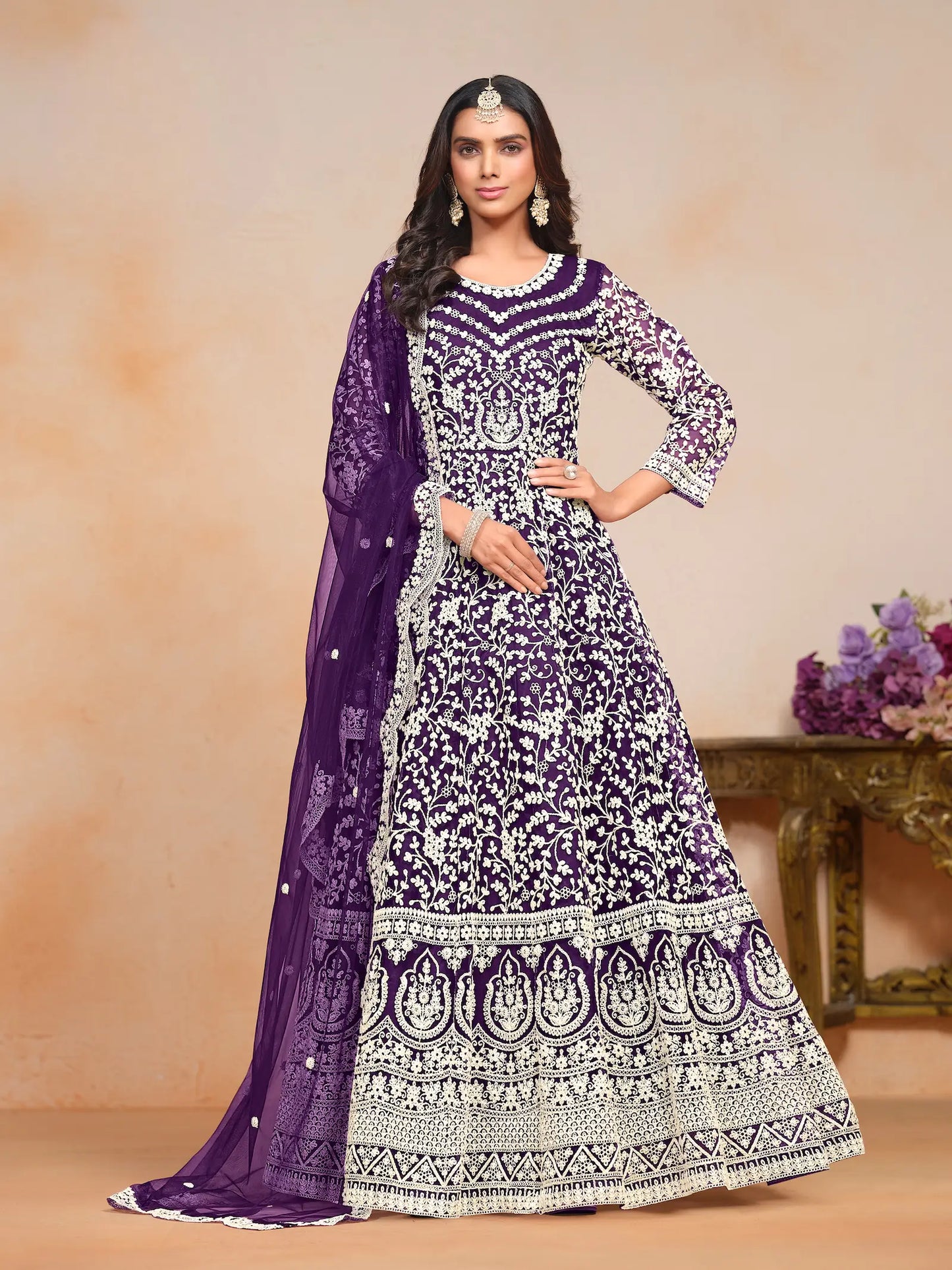 Purple Net Gown With Sequence & Thread Embroidery Work