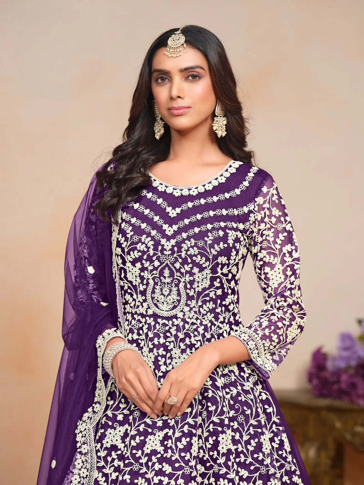 Purple Net Gown With Sequence & Thread Embroidery Work