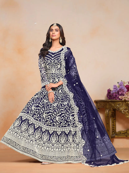 Navy Blue Net Gown With Sequence & Thread Embroidery Work