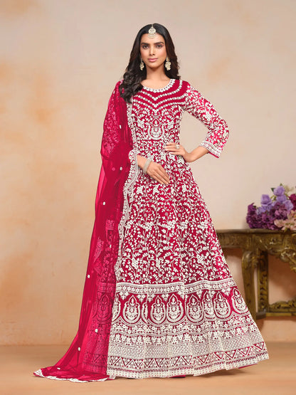 Dark Red Net Gown With Sequence & Thread Embroidery Work