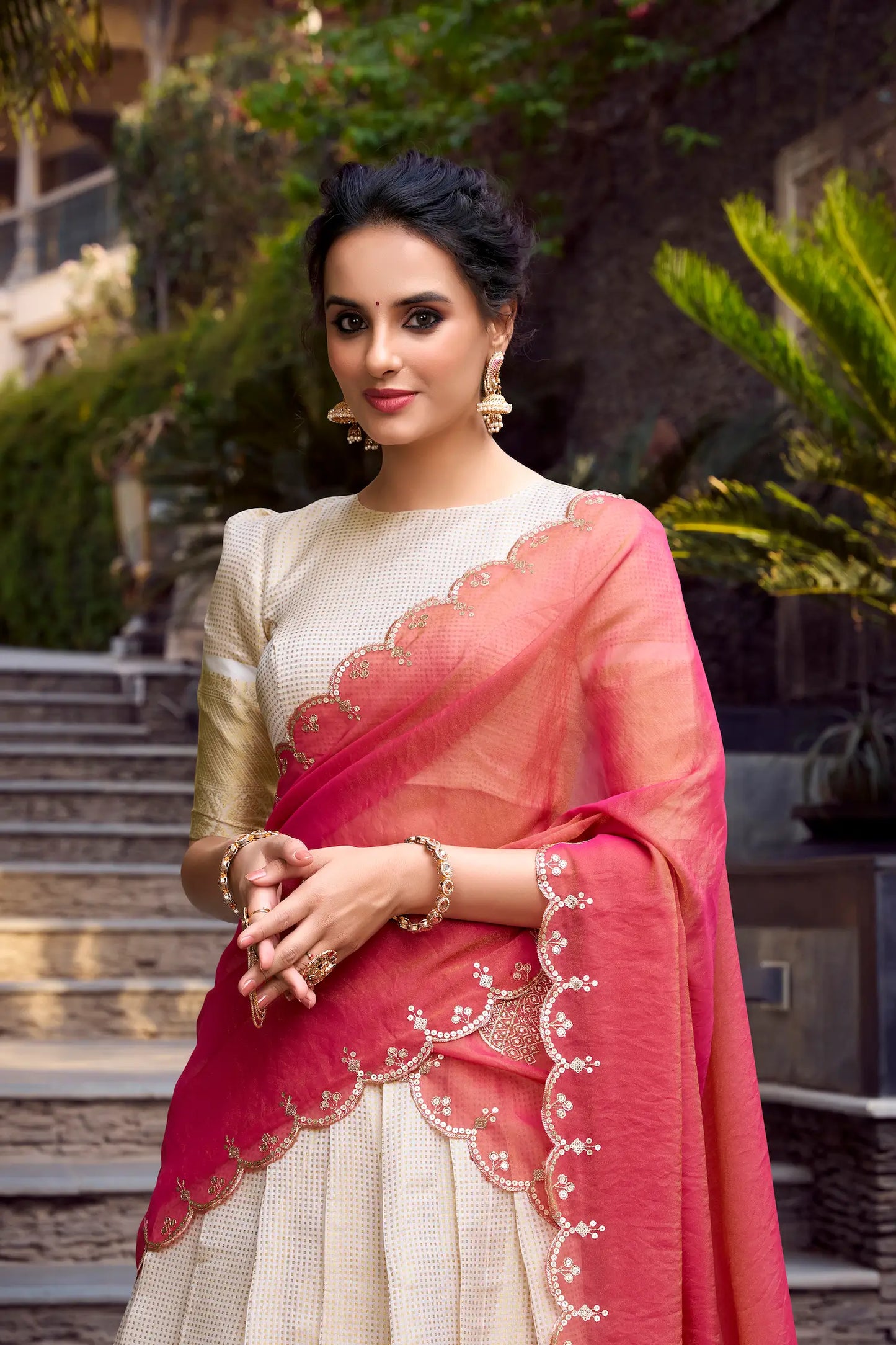 Beige Jacquard Chex Lehenga Choli With Zari Weaving Work & Sequins Embroidery