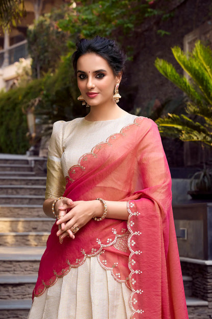 Beige Jacquard Chex Lehenga Choli With Zari Weaving Work & Sequins Embroidery