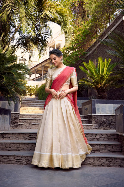 Beige Jacquard Chex Lehenga Choli With Zari Weaving Work & Sequins Embroidery