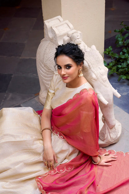 Beige Jacquard Chex Lehenga Choli With Zari Weaving Work & Sequins Embroidery