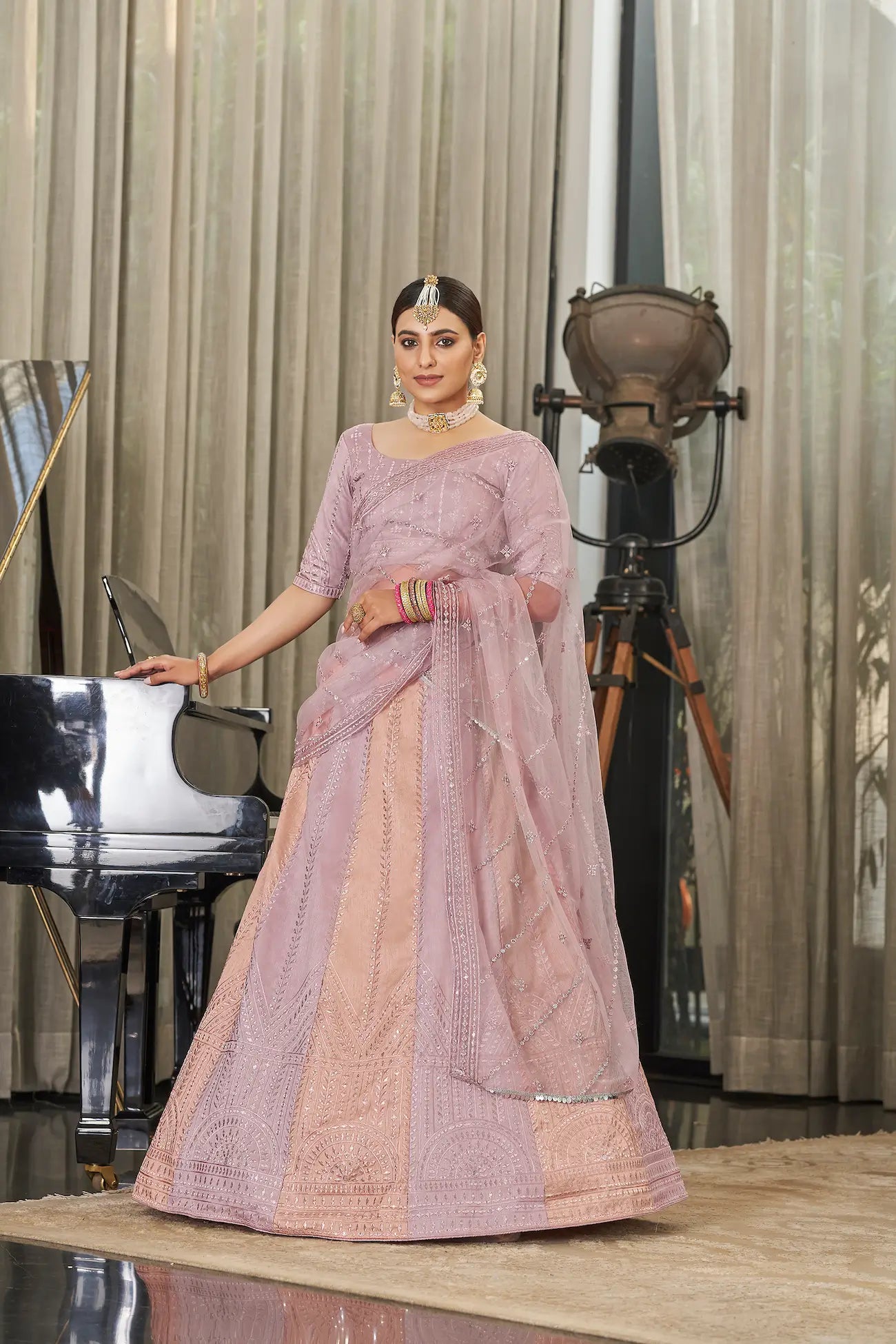 Peach Pink Art Silk Lehenga Choli With Sequence & Thread Embroidery Work