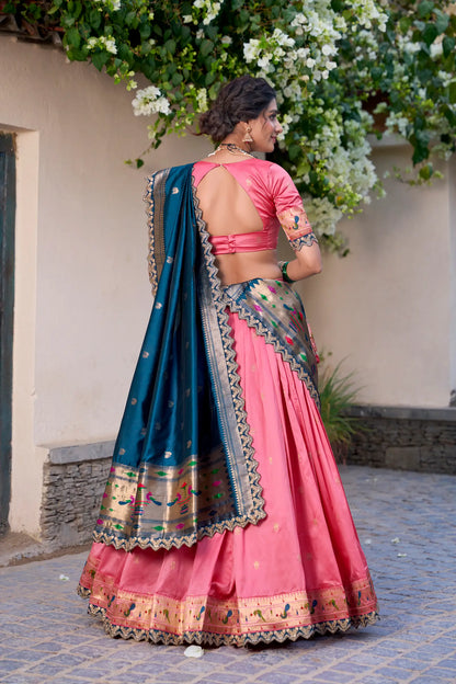 Light Pink Jacquard Silk Paithani Lehenga Choli With Zari Weaving Work & Embroidery Lace Border