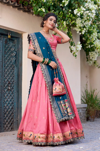 Light Pink Jacquard Silk Paithani Lehenga Choli With Zari Weaving Work & Embroidery Lace Border