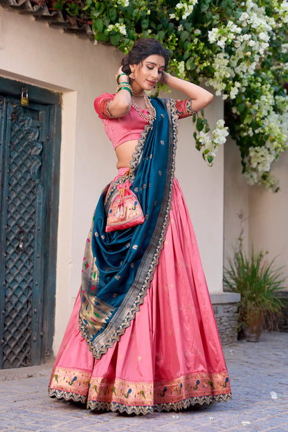 Light Pink Jacquard Silk Paithani Lehenga Choli With Zari Weaving Work & Embroidery Lace Border