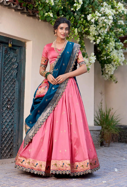 Light Pink Jacquard Silk Paithani Lehenga Choli With Zari Weaving Work & Embroidery Lace Border