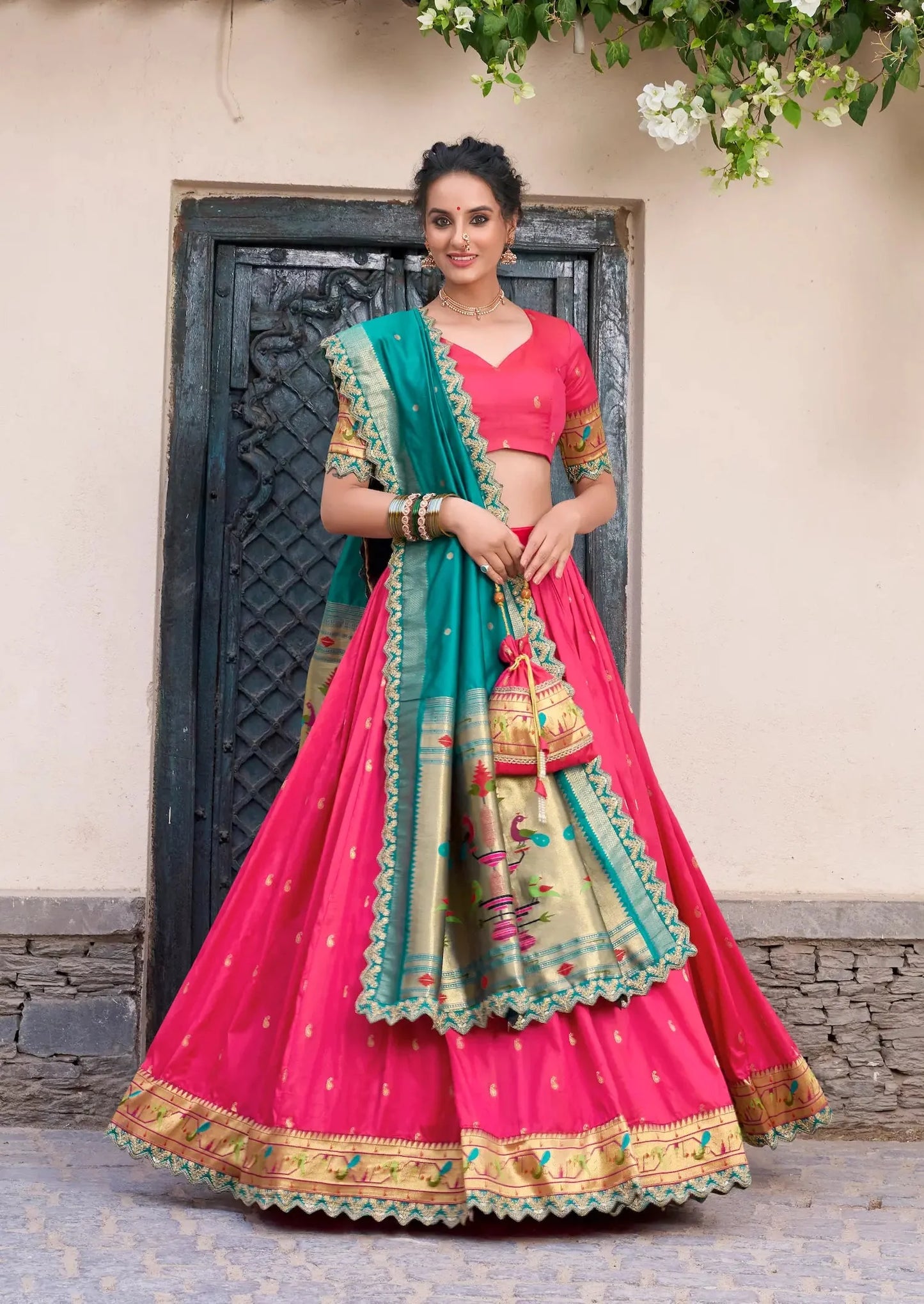 Dark Pink Jacquard Silk Paithani Lehenga Choli With Zari Weaving Work & Embroidery Lace Border