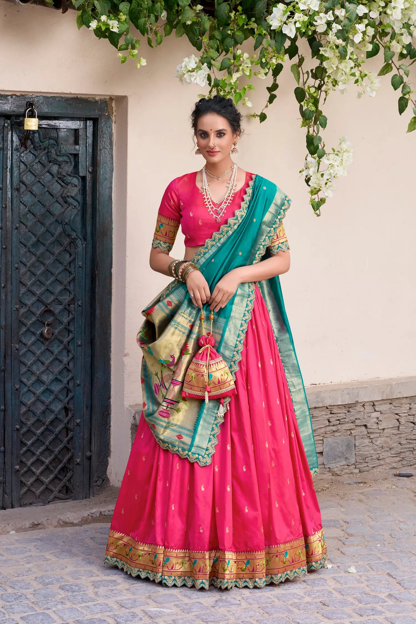 Dark Pink Jacquard Silk Paithani Lehenga Choli With Zari Weaving Work & Embroidery Lace Border