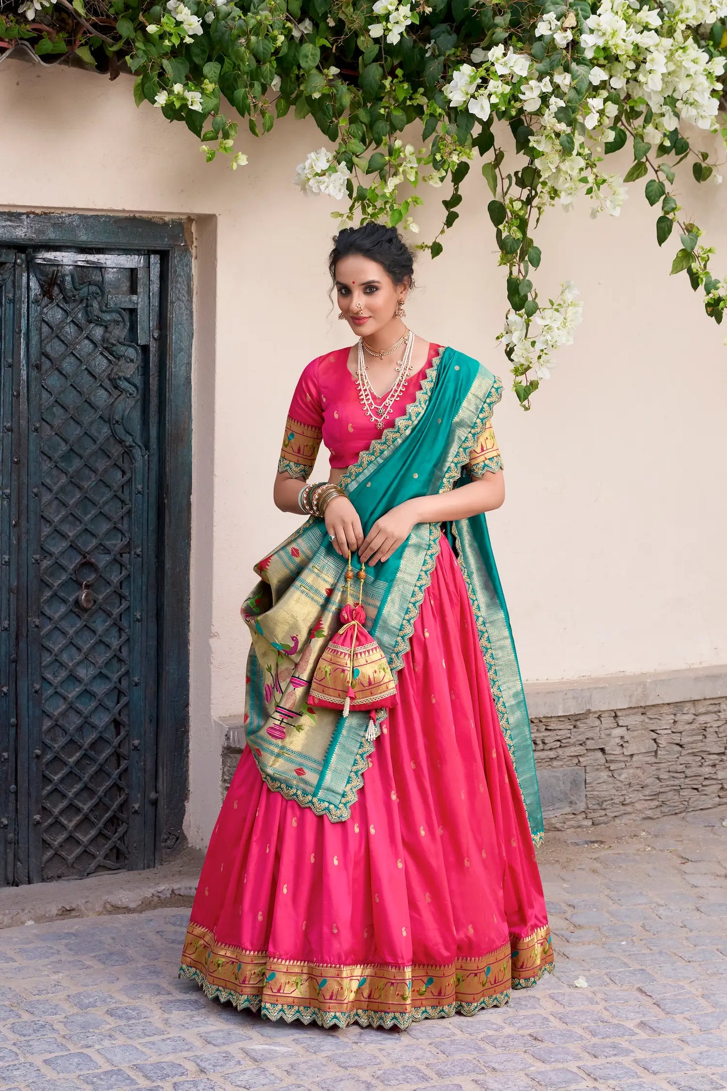 Dark Pink Jacquard Silk Paithani Lehenga Choli With Zari Weaving Work & Embroidery Lace Border