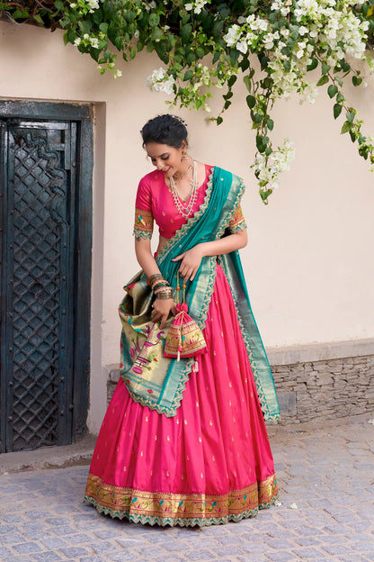 Dark Pink Jacquard Silk Paithani Lehenga Choli With Zari Weaving Work & Embroidery Lace Border