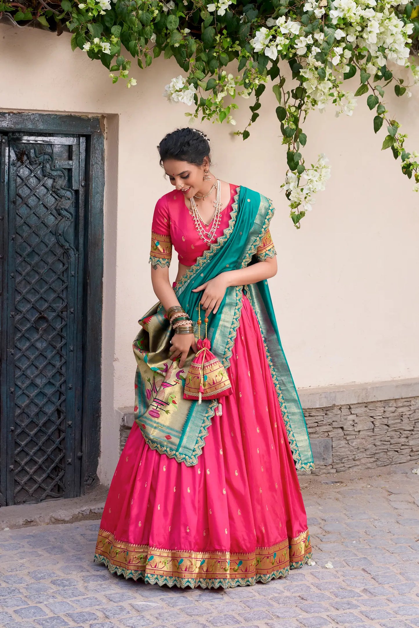 Dark Pink Jacquard Silk Paithani Lehenga Choli With Zari Weaving Work & Embroidery Lace Border