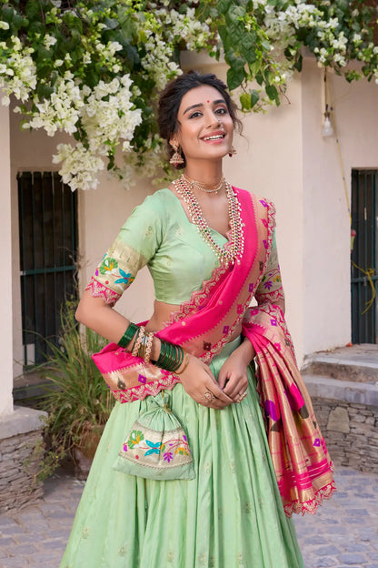 Pista Green Jacquard Silk Paithani Lehenga Choli With Zari Weaving Work & Embroidery Lace Border