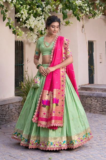 Pista Green Jacquard Silk Paithani Lehenga Choli With Zari Weaving Work & Embroidery Lace Border