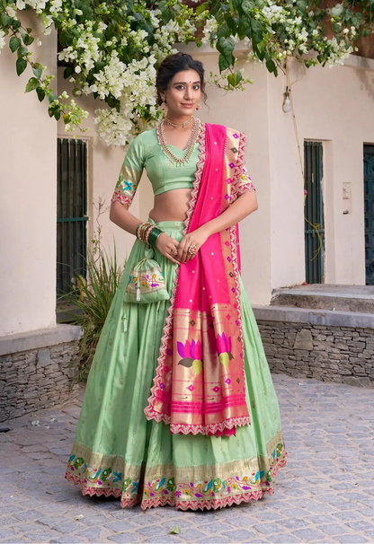 Pista Green Jacquard Silk Paithani Lehenga Choli With Zari Weaving Work & Embroidery Lace Border