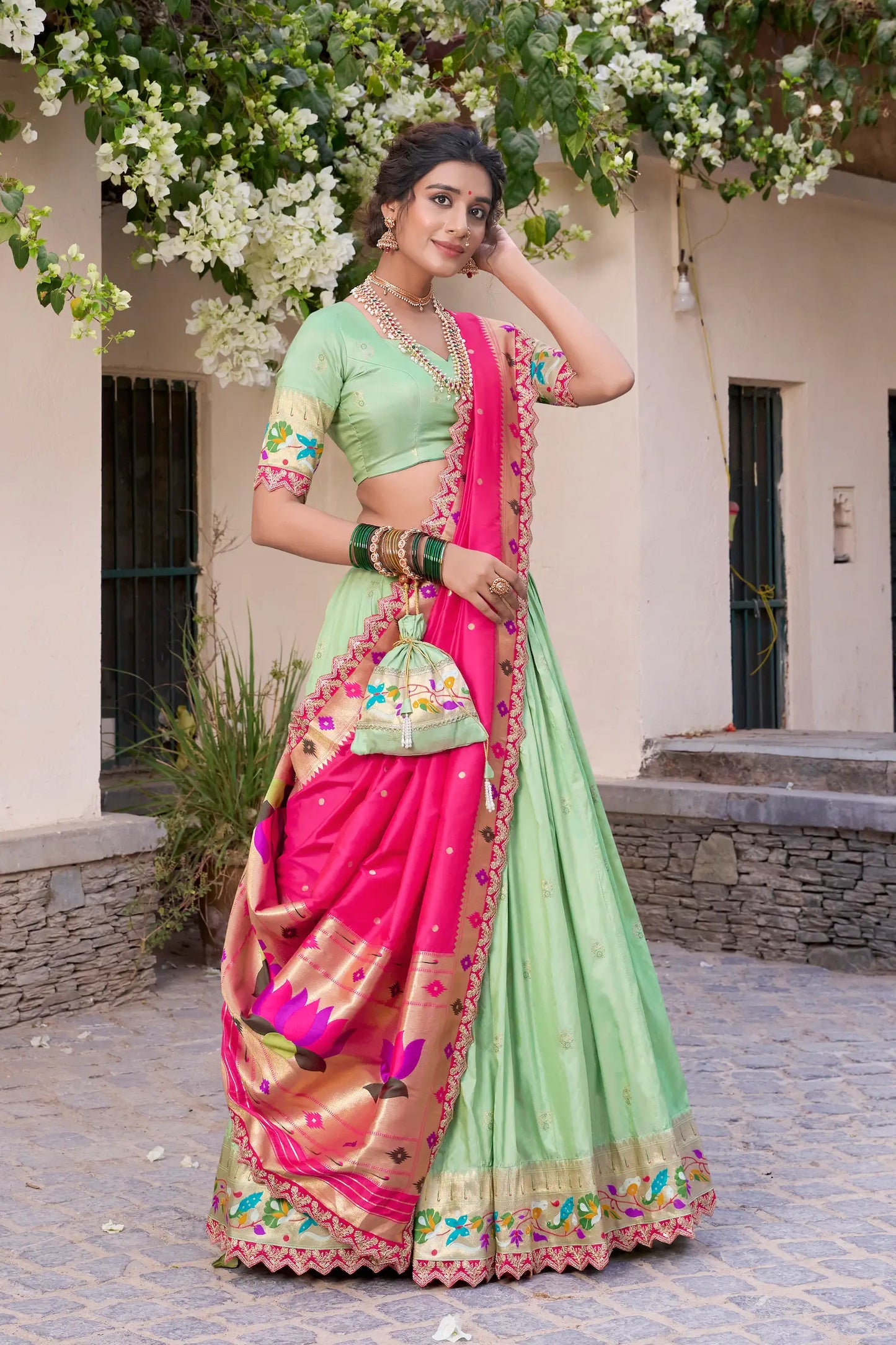 Pista Green Jacquard Silk Paithani Lehenga Choli With Zari Weaving Work & Embroidery Lace Border